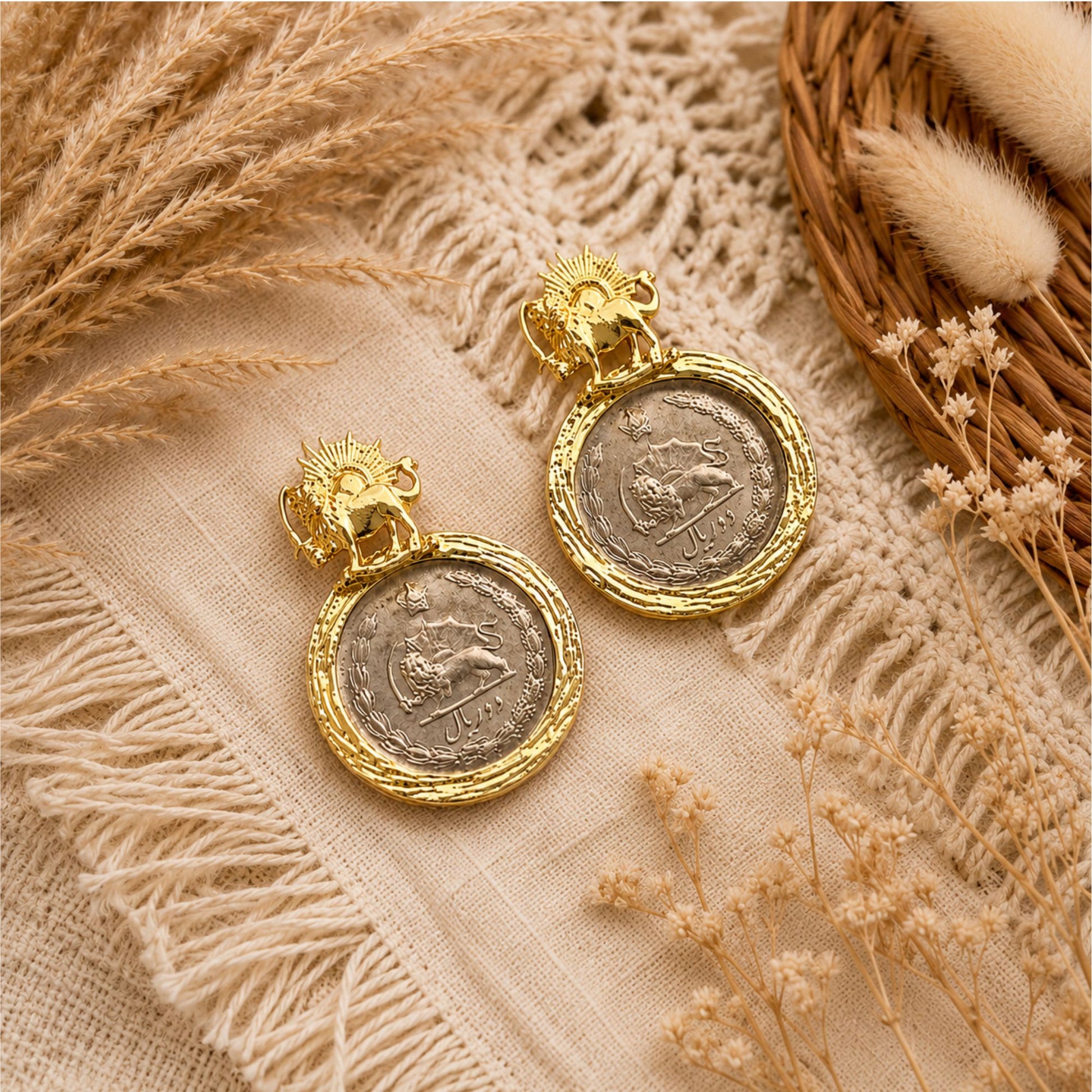Pahlavi coin collection with lion and sun gold plated frame closeup