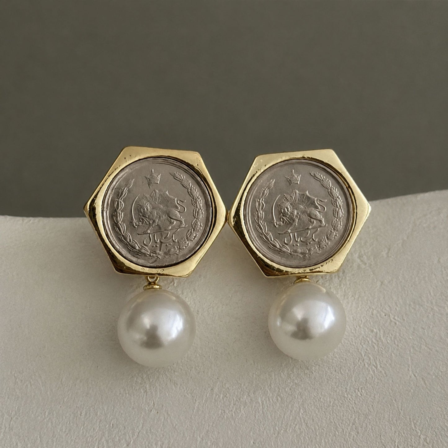 Gold Pahlavi coin pearl drop statement earrings with geometric hexagon frame