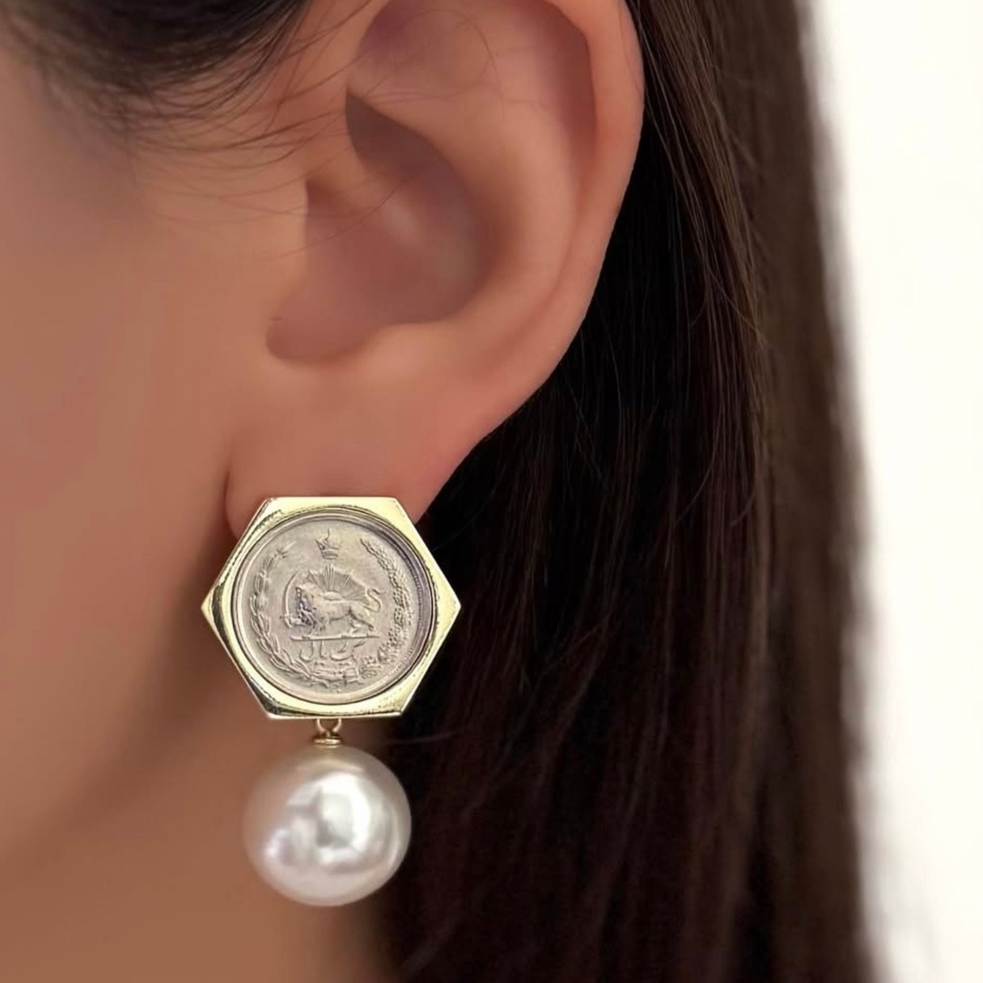 Vintage Persian inspired pearl earrings with gold coin design