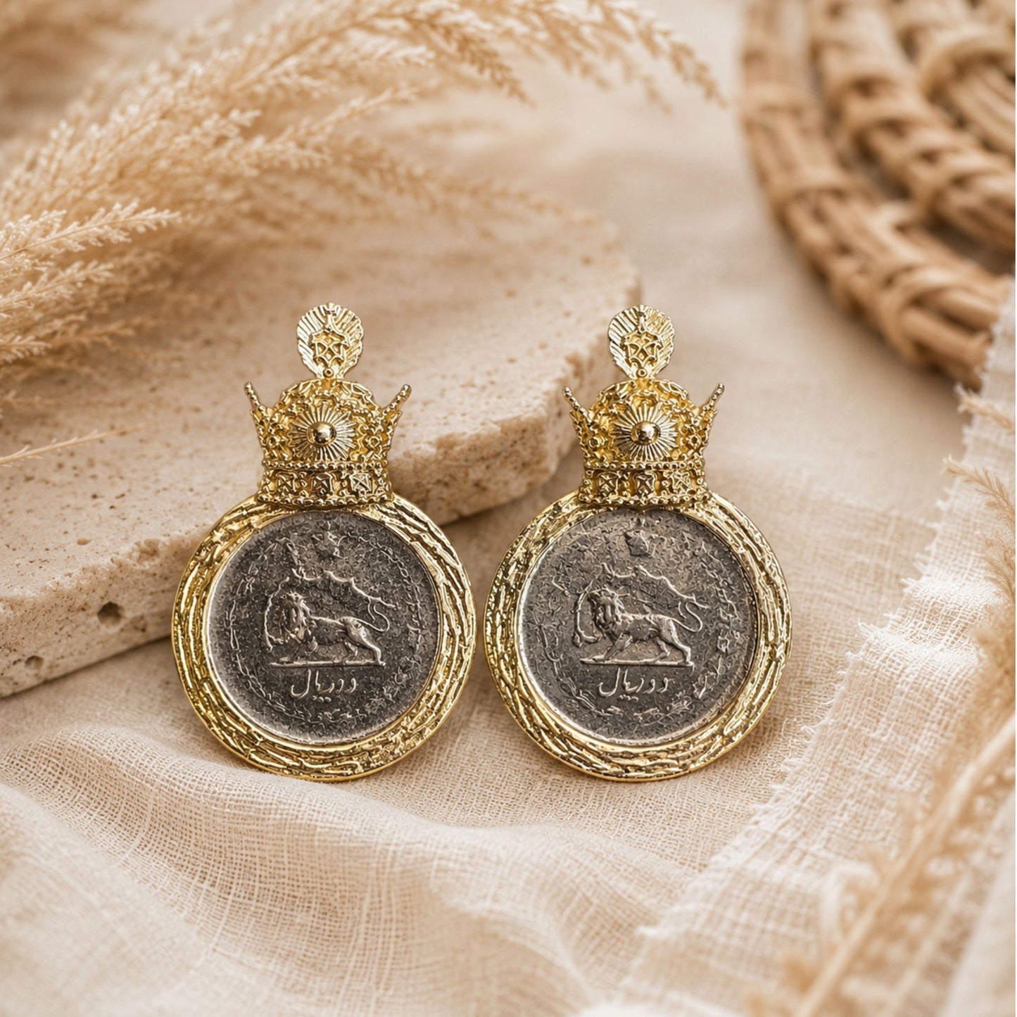 Pahlavi crown lion and sun stud earrings