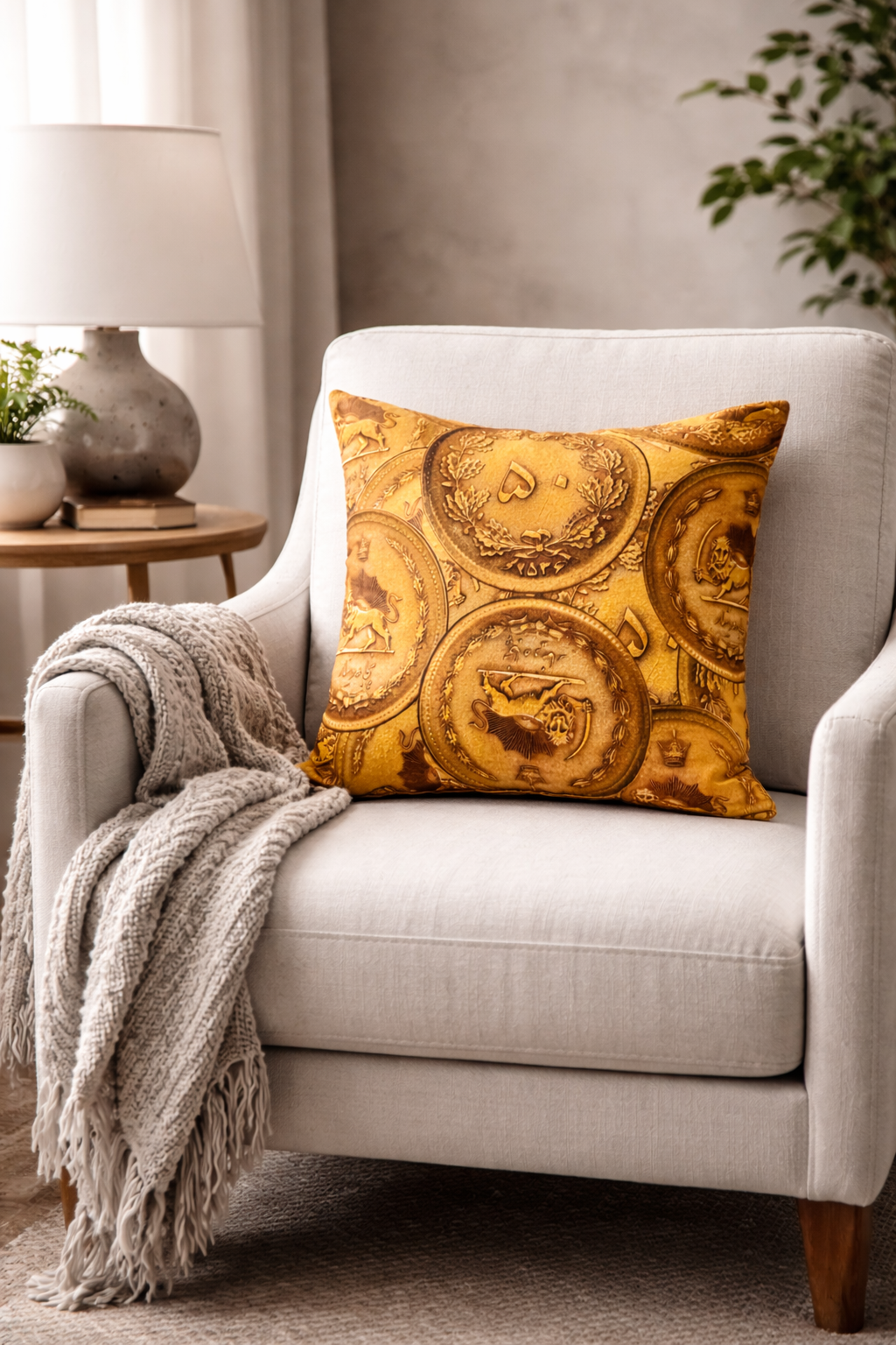 decorative yellow coin pillow and a blanket in a cozy living room setting.