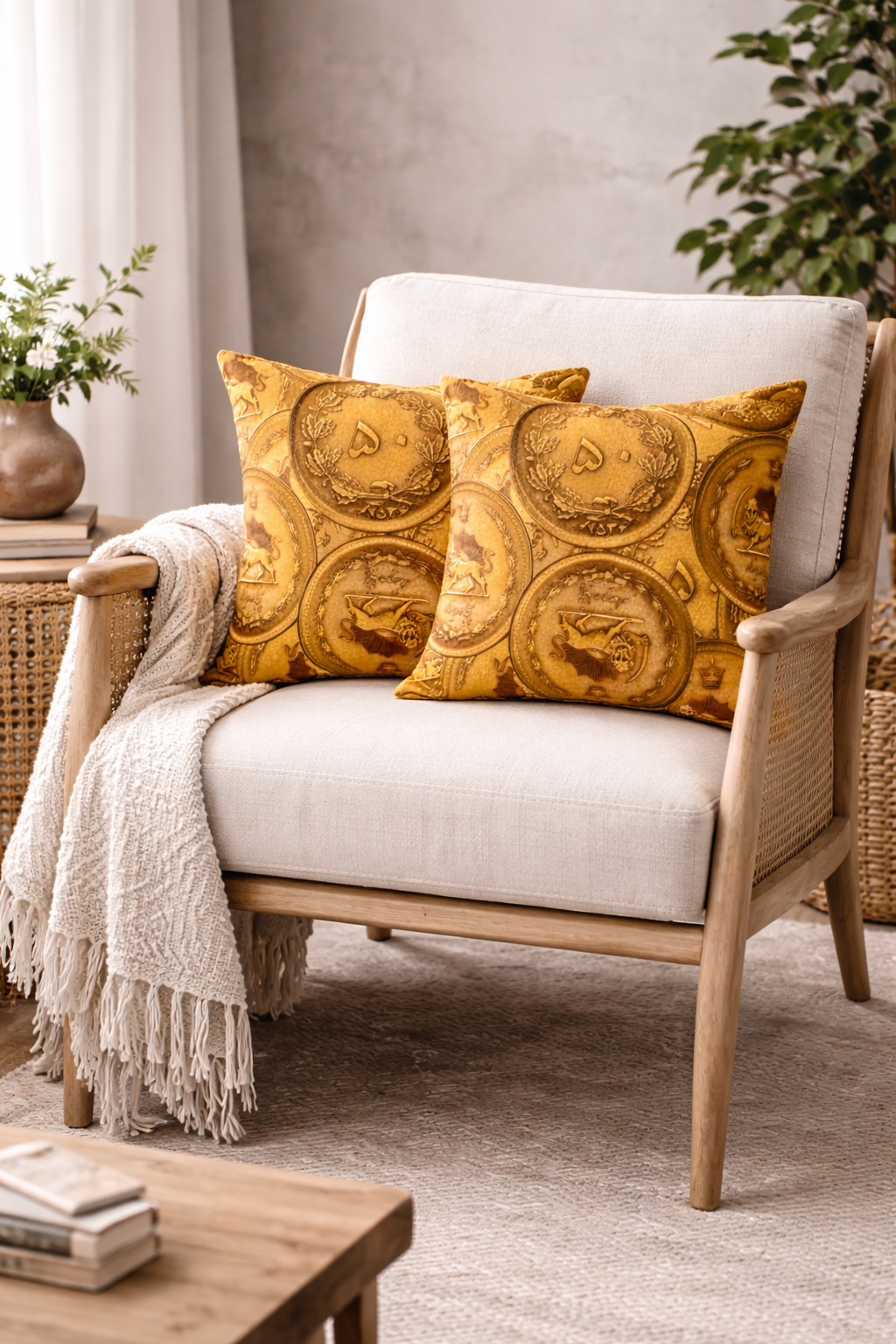 persian pahlavi coin cushion styled on modern chair neutral decor