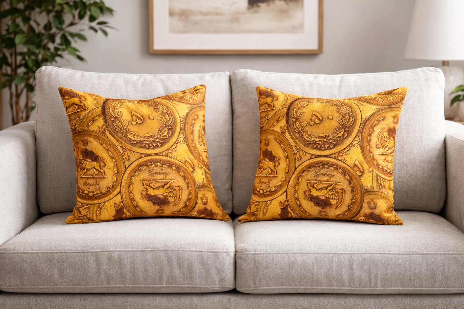 Two decorative pillows with gold coin patterns of persian heritage