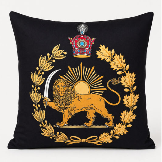 close up of lion sun crown pahlavi persian cushion design
