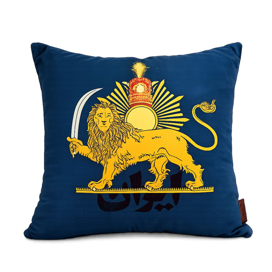 pahlavi lion sun crown cushion dark blue and gold persian design heritage
