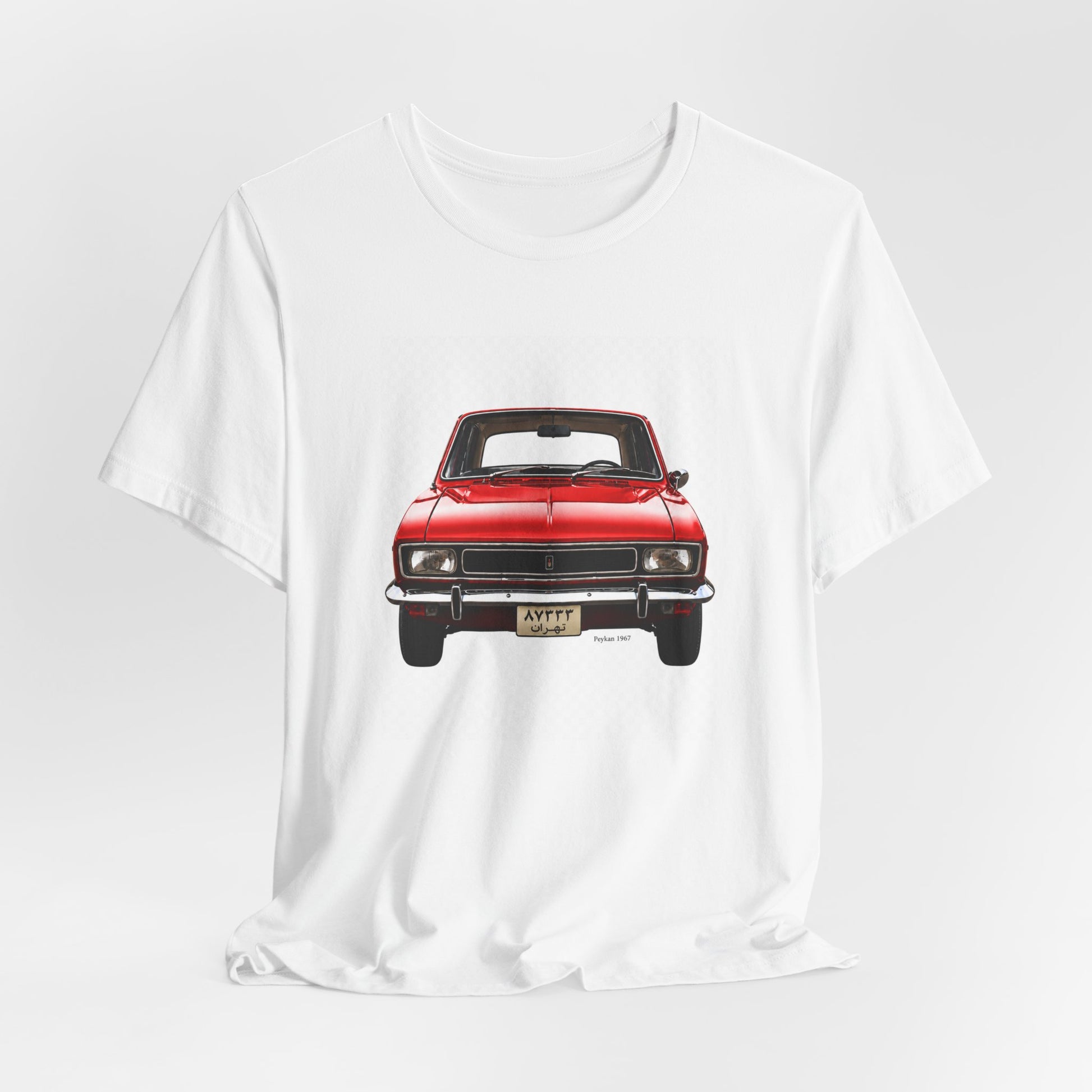 Vintage red Peykan car graphic on a white unisex t-shirt