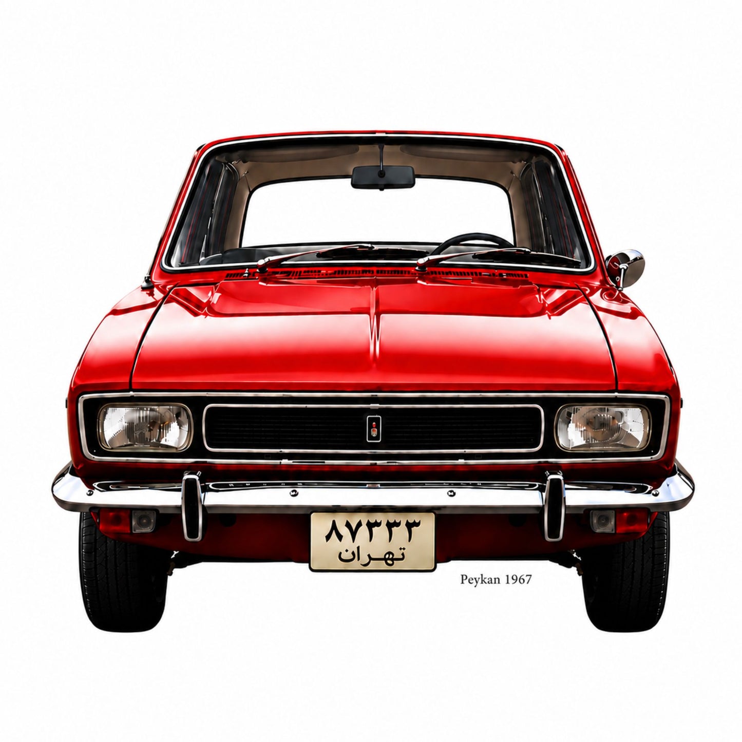Peykan Red vintage car with a visible Tehran license plate