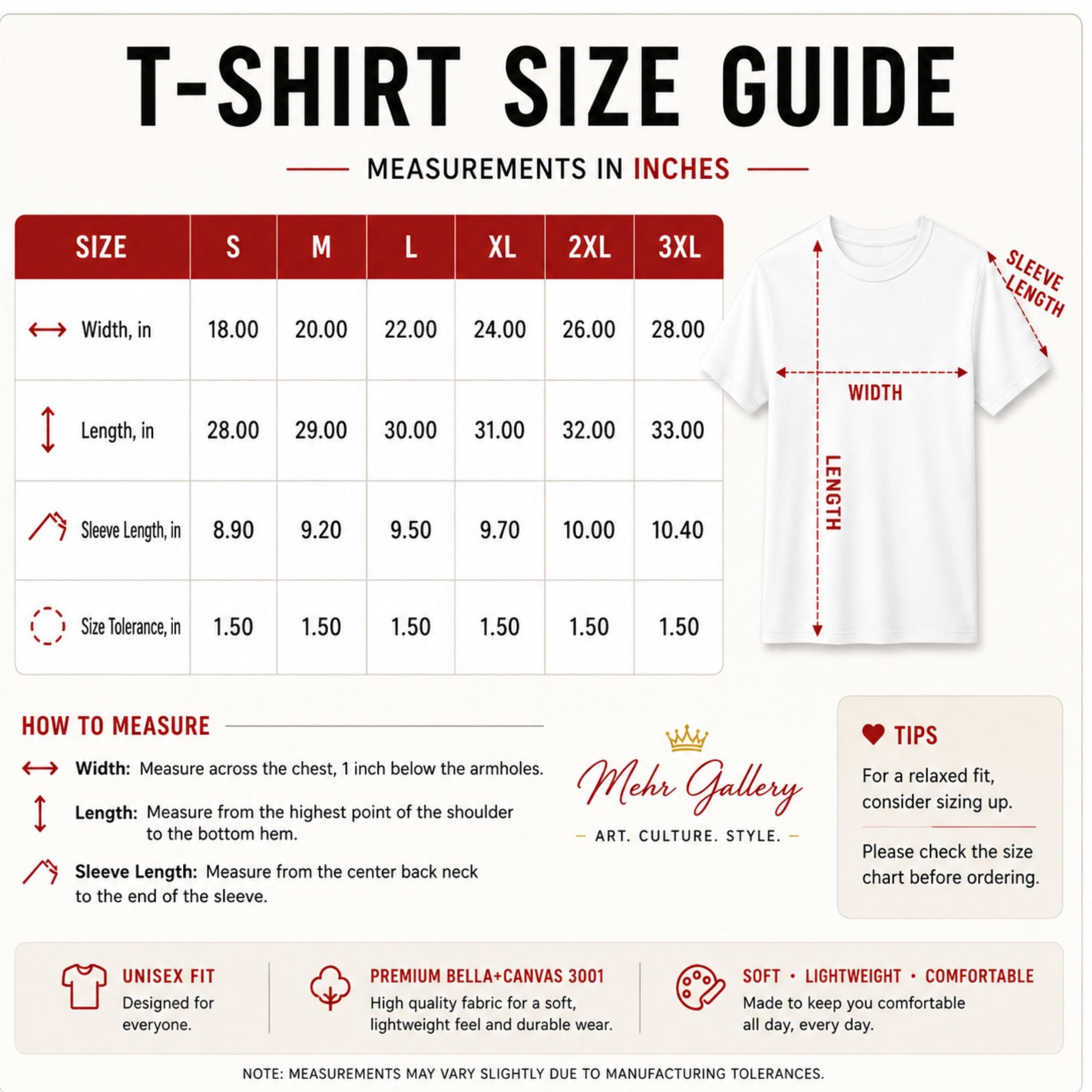 T-shirt size guide with measurements in inches and a white t-shirt illustration.