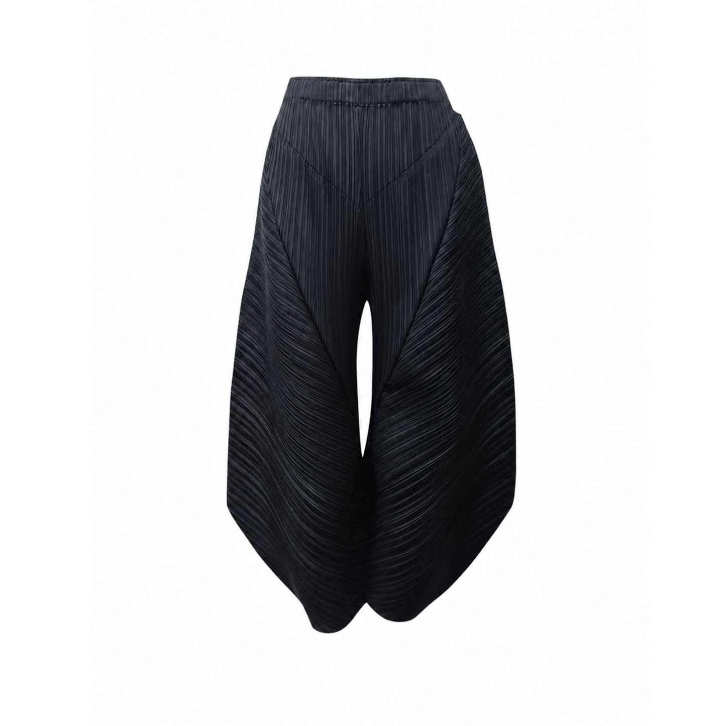 Black pleated wide-leg pants with sculptural silhouette and elastic waistband free size S to L