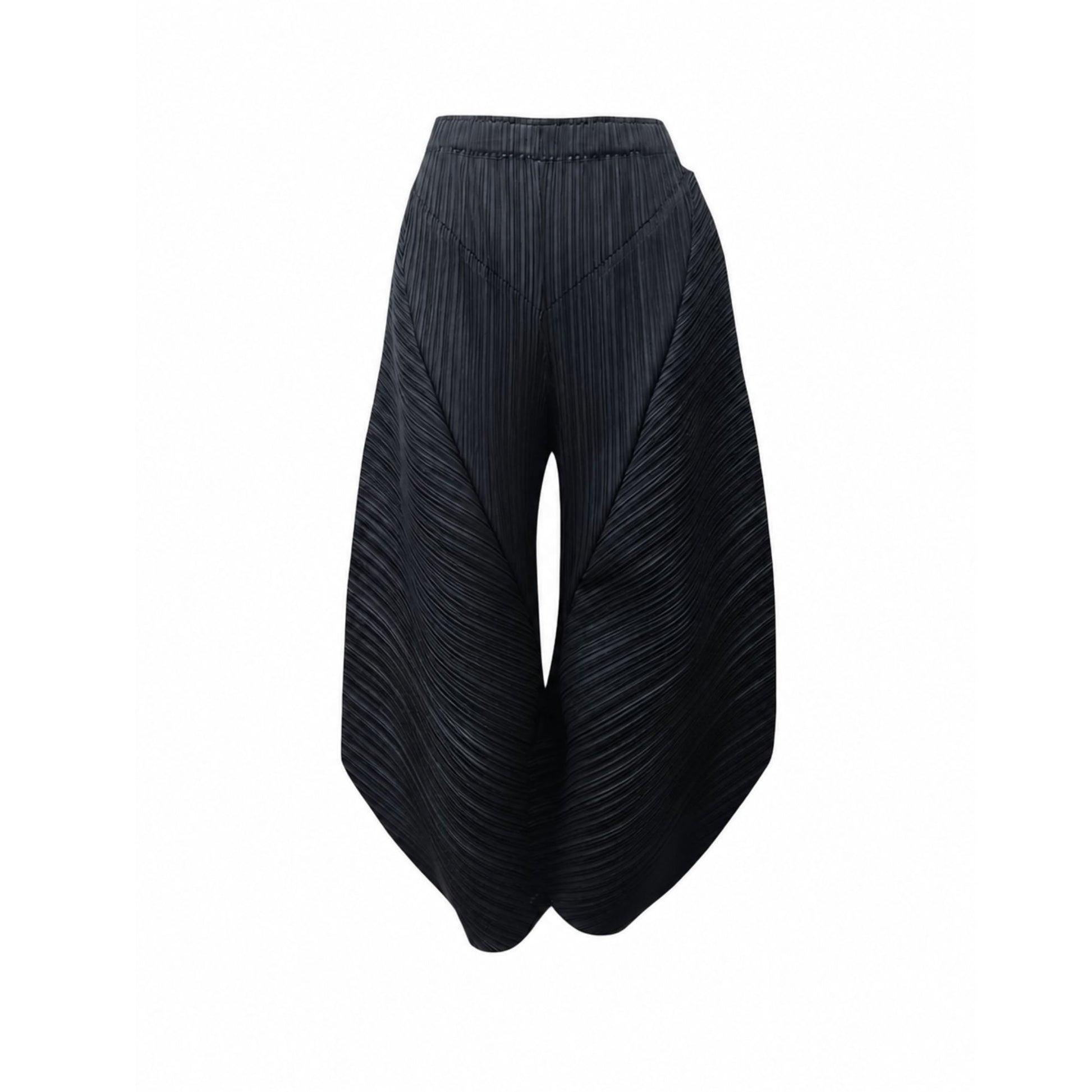 Black pleated wide-leg pants with sculptural silhouette and elastic waistband free size S to L