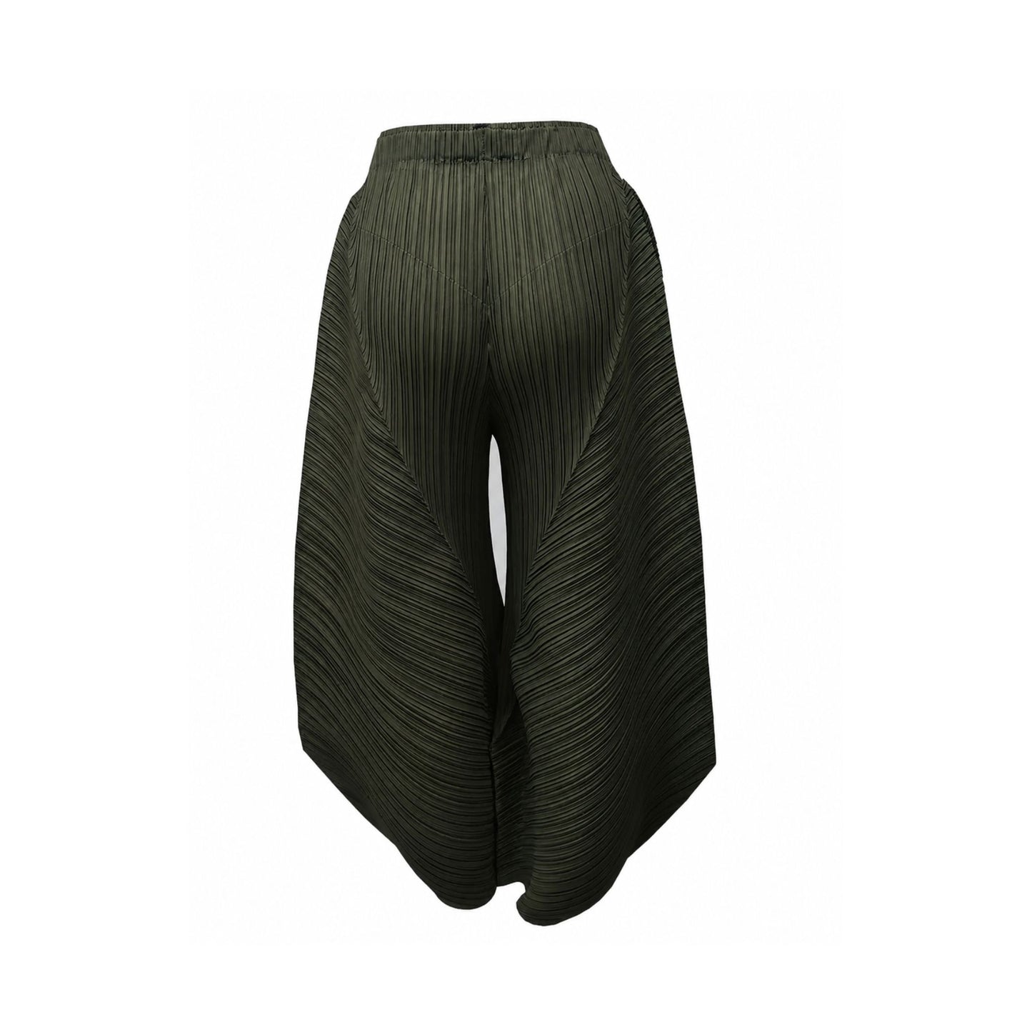 Black side of the pleated wide-leg pants with sculptural silhouette and elastic waistband free size S to L