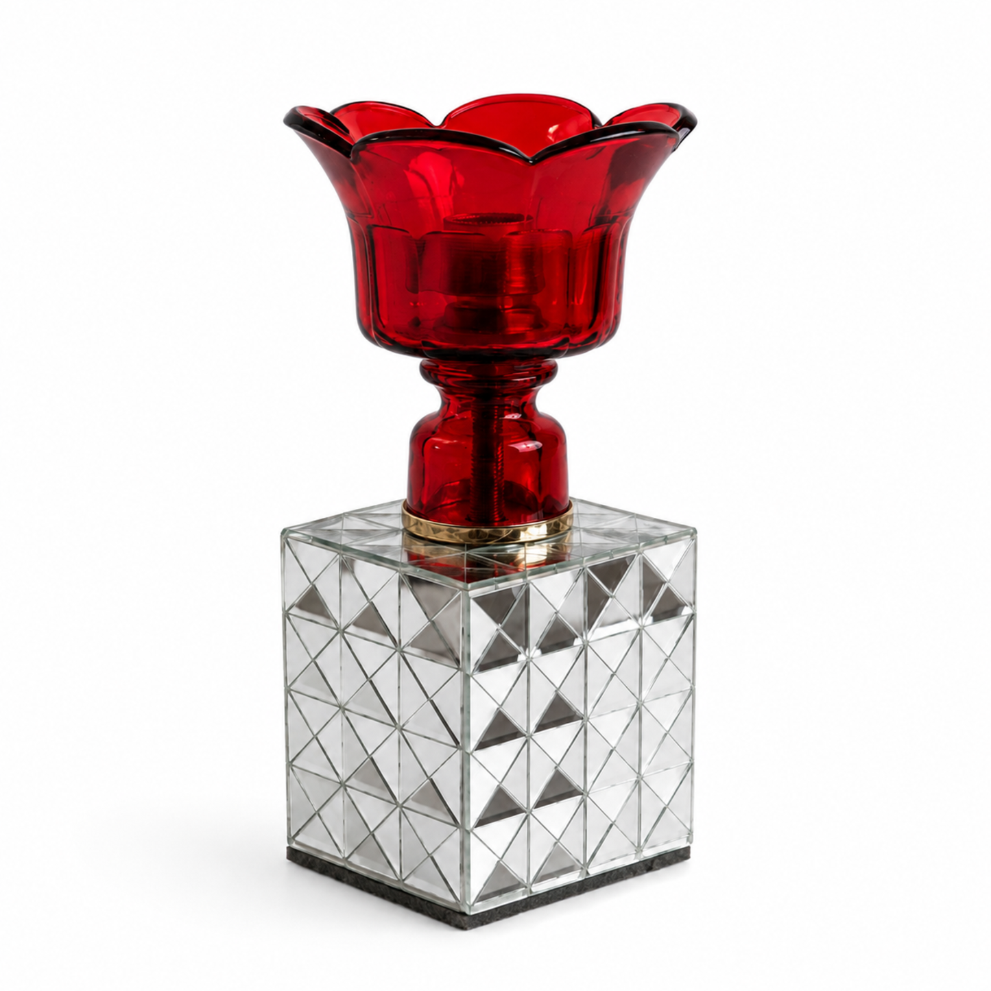 Handcrafted Ruby Red glass candle holder with a mirrored mosaic cube base on a clean white background. Elegant handmade candle holder for modern and contemporary home décor.