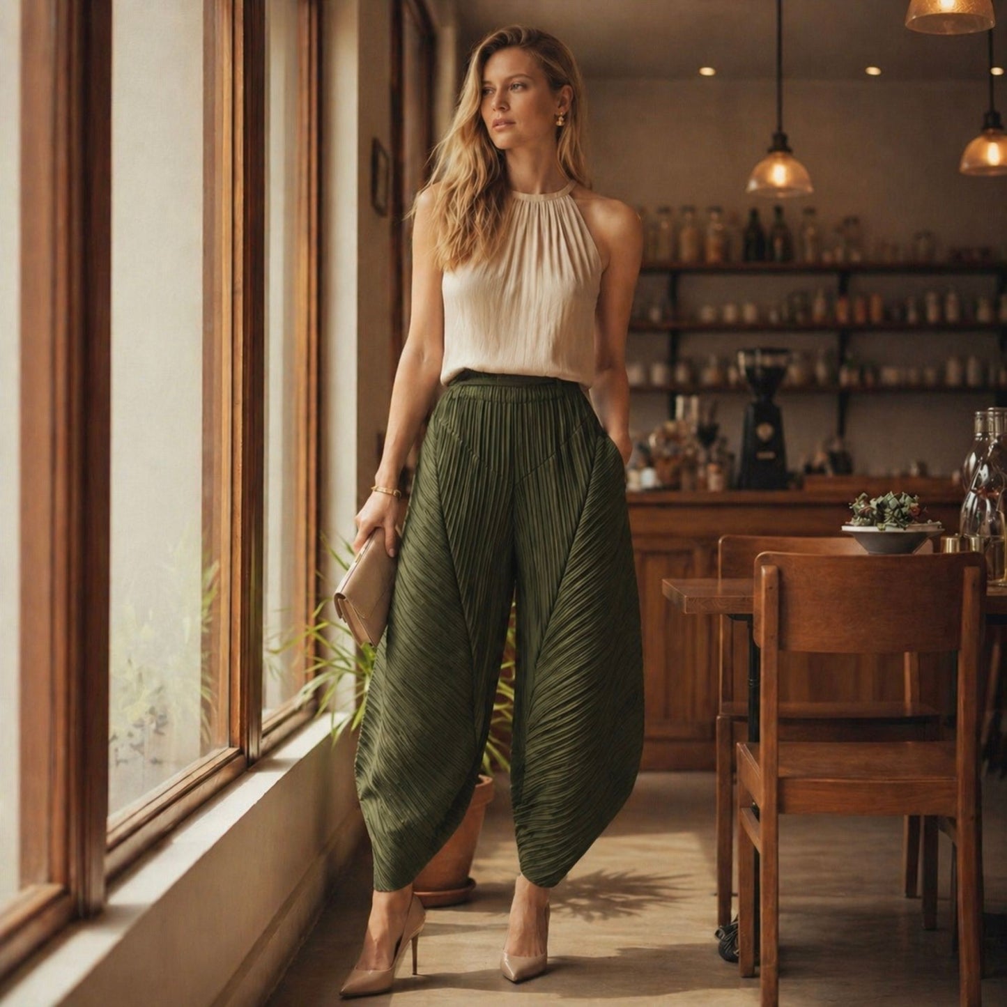 Avant-garde green olive pleated pants with oversized wide-leg design comfortable elastic waist free size