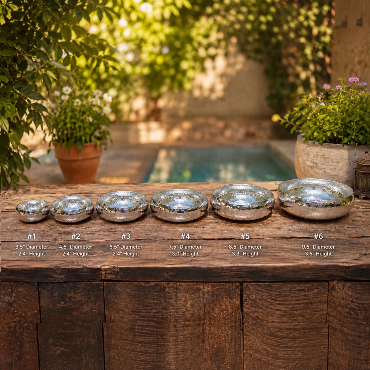 Set of six handmade hand-hammered copper bowls