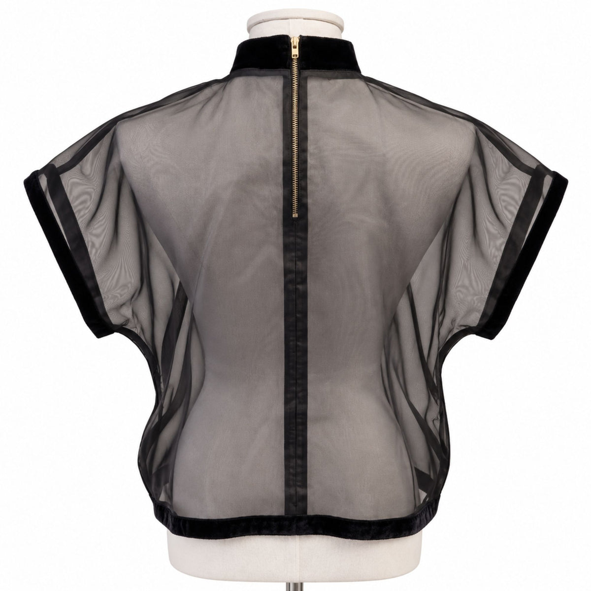 Back of a black sheer mesh short-sleeve top with black velvet trim and a gold zipper, displayed on a white mannequin torso against a white background.