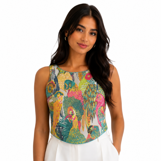 Woman wearing a colorful parrot patterned top 