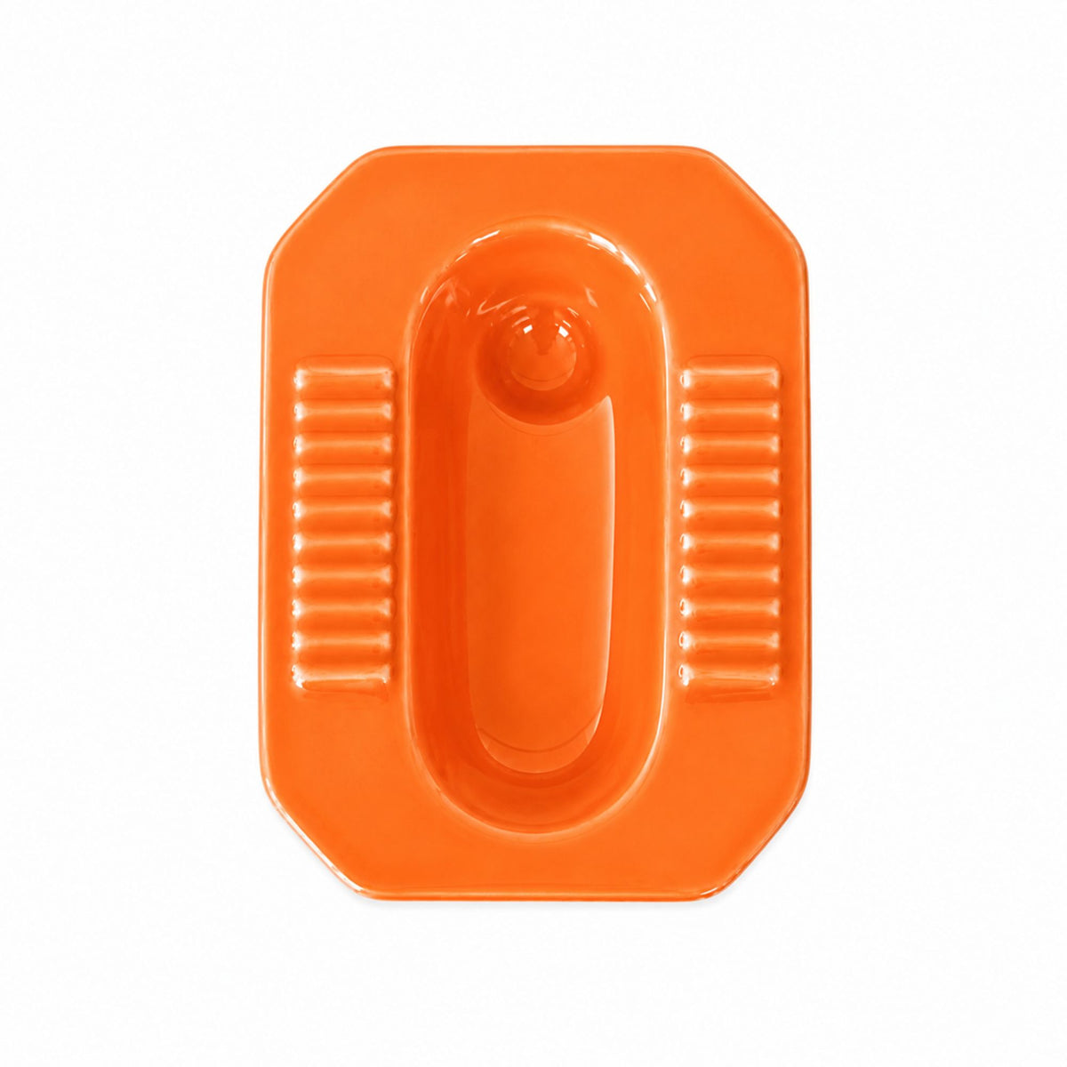 An orange ceramic squat toilet decoration with a glossy finish, shown from a top-down view on a white background.