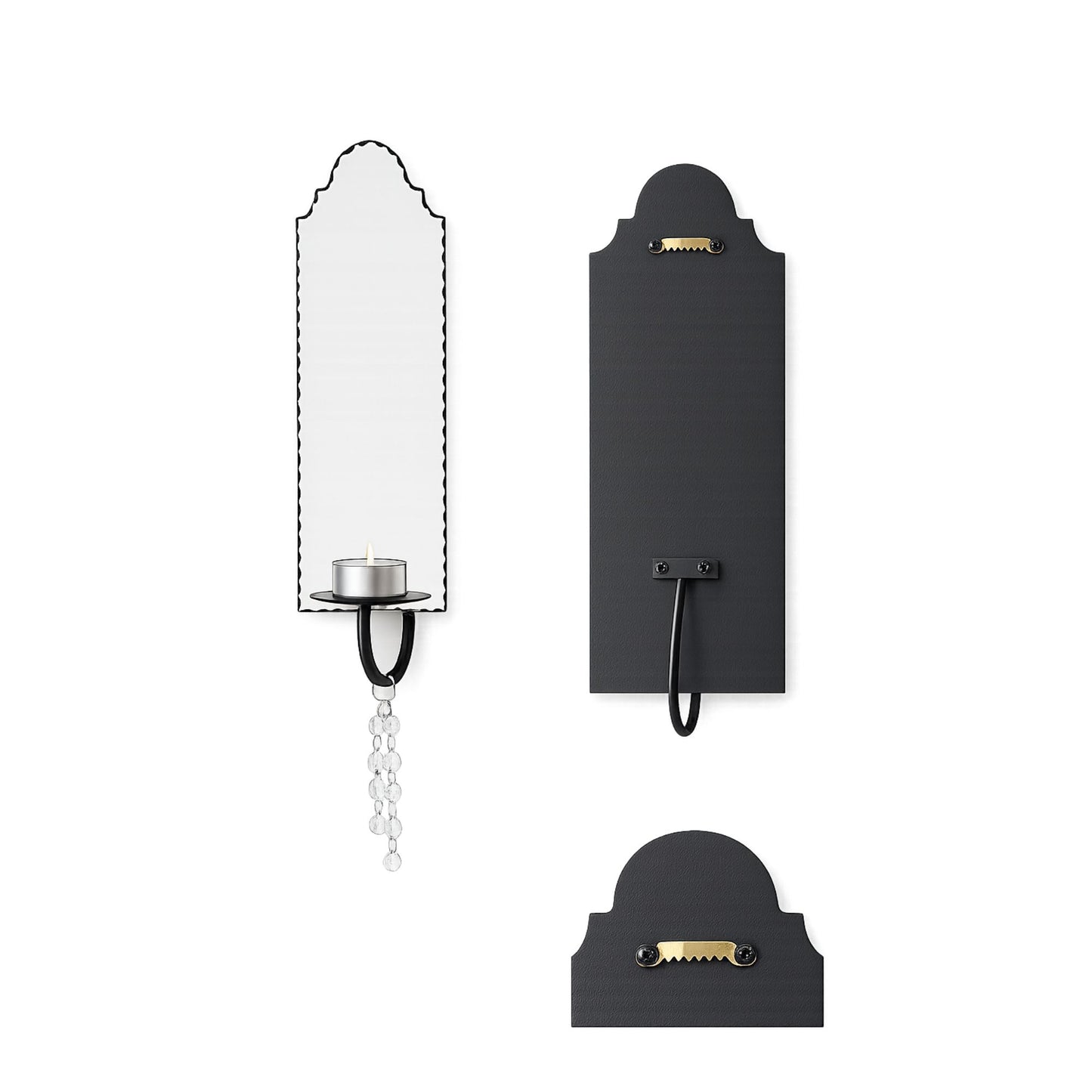 venetian mirror wall-mounted candle holder and hooks, front and back
