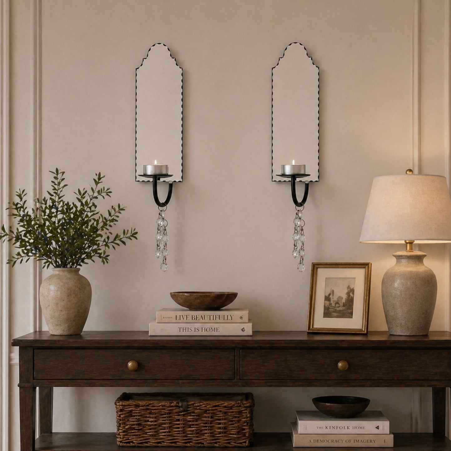 Decorative setup with two venetian candle holder wall mirrors