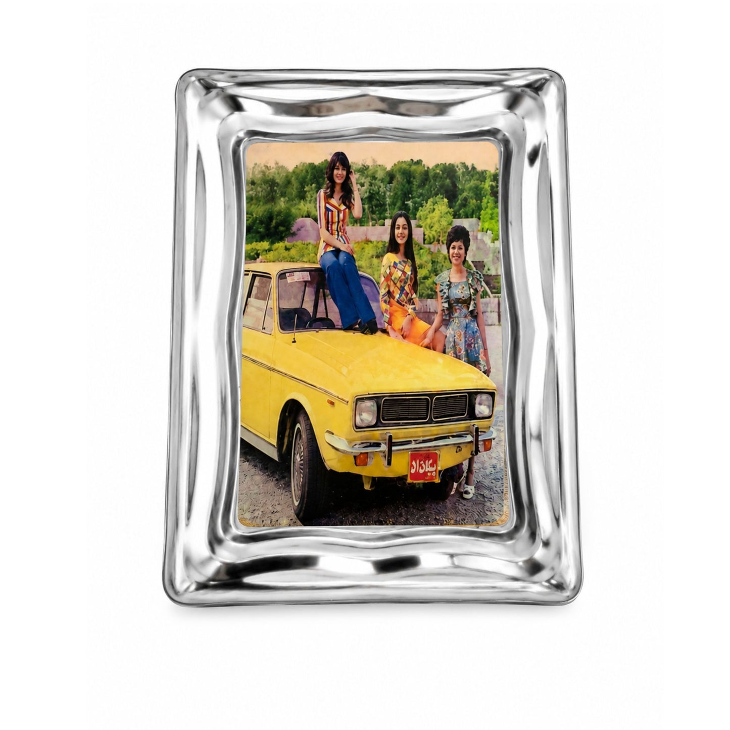 Vintage mini art and serving tray featuring a classic yellow Peykan design inspired by the nostalgia of old Iran. Polished metal tray, 7 × 5 inches
