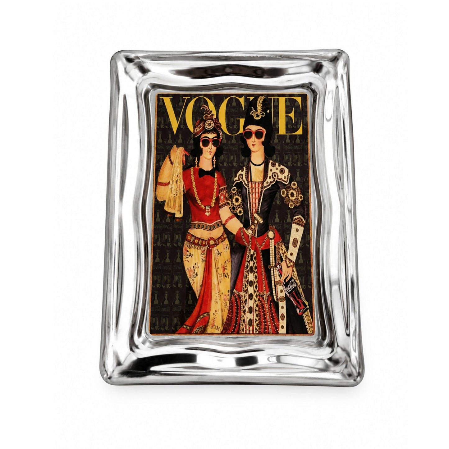 Vintage mini art and serving tray featuring a vintage Vogue-inspired design with nostalgic old Iran fashion artwork. Polished metal tray, 7 × 5 inches.