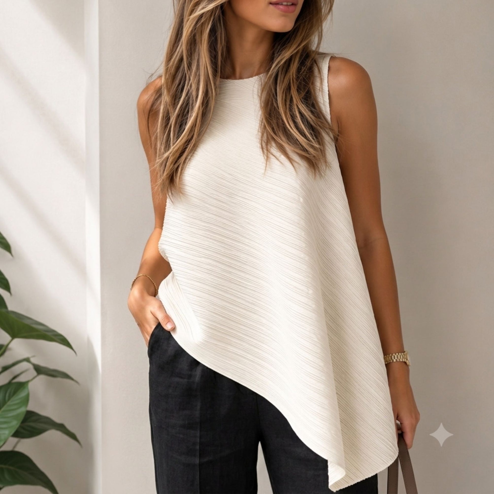 Model wearing a white pleated asymmetric sleeveless top with a flowing silhouette, crew neckline, and modern one-size fit