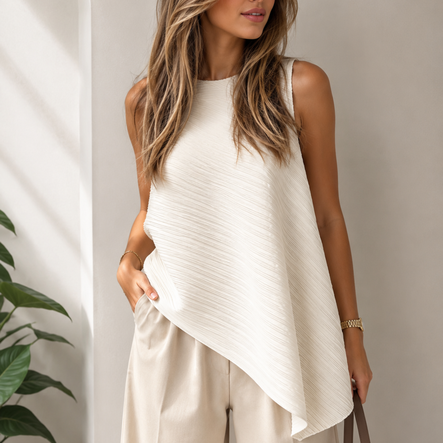 Woman styling a white pleated sleeveless top with an asymmetric hem, lightweight fabric, and contemporary design