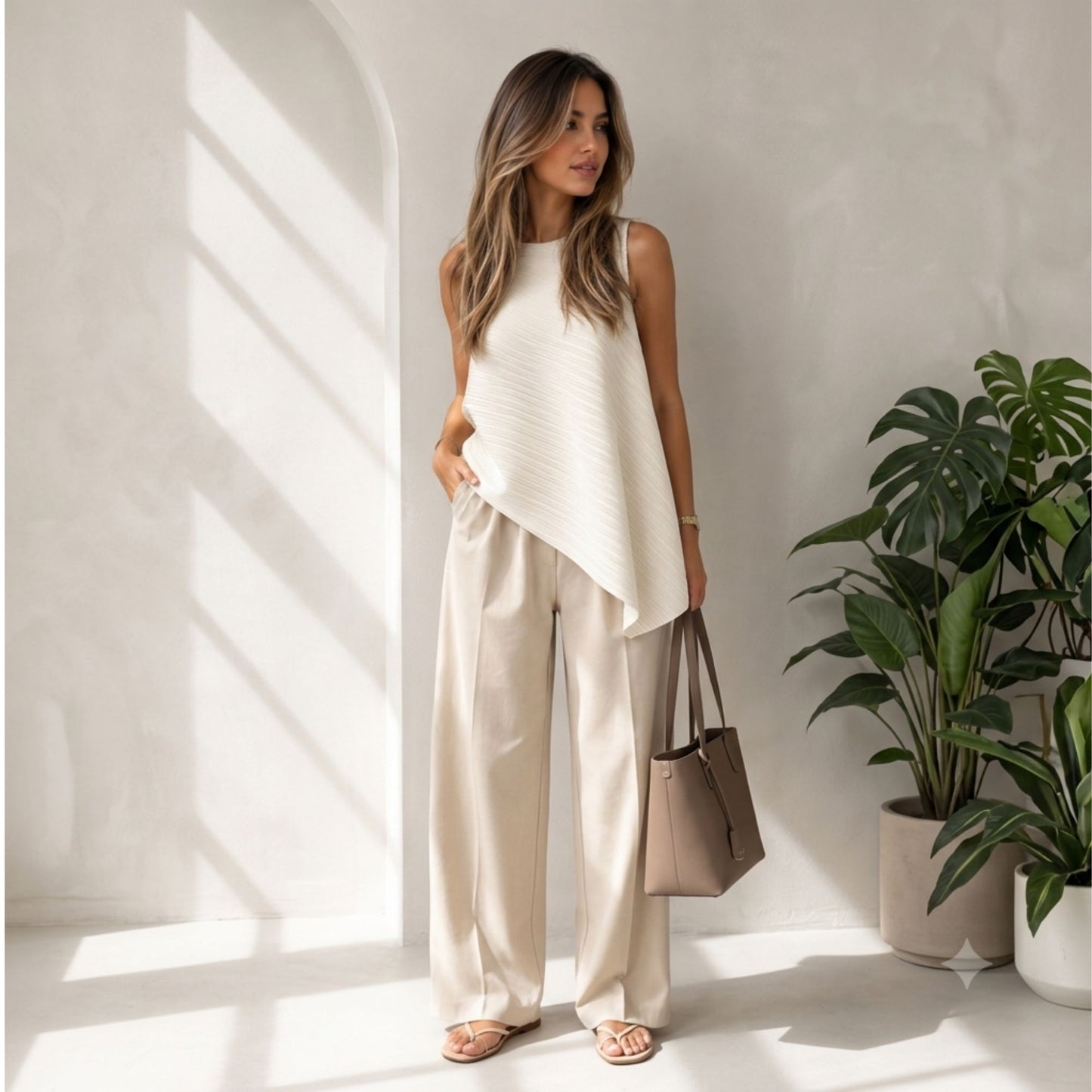 Woman styling a white pleated sleeveless top with an asymmetric hem, lightweight fabric, and contemporary design