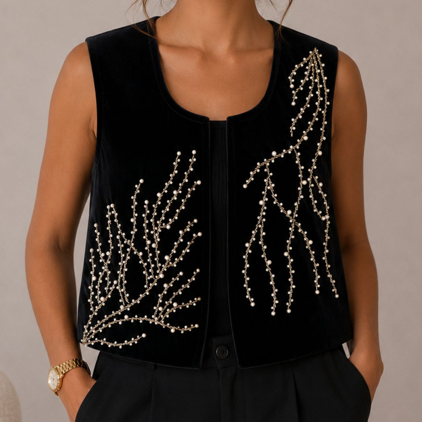 Model wearing the Moonlit Vine Velvet Vest, a handmade black velvet vest with pearl bead embellishments