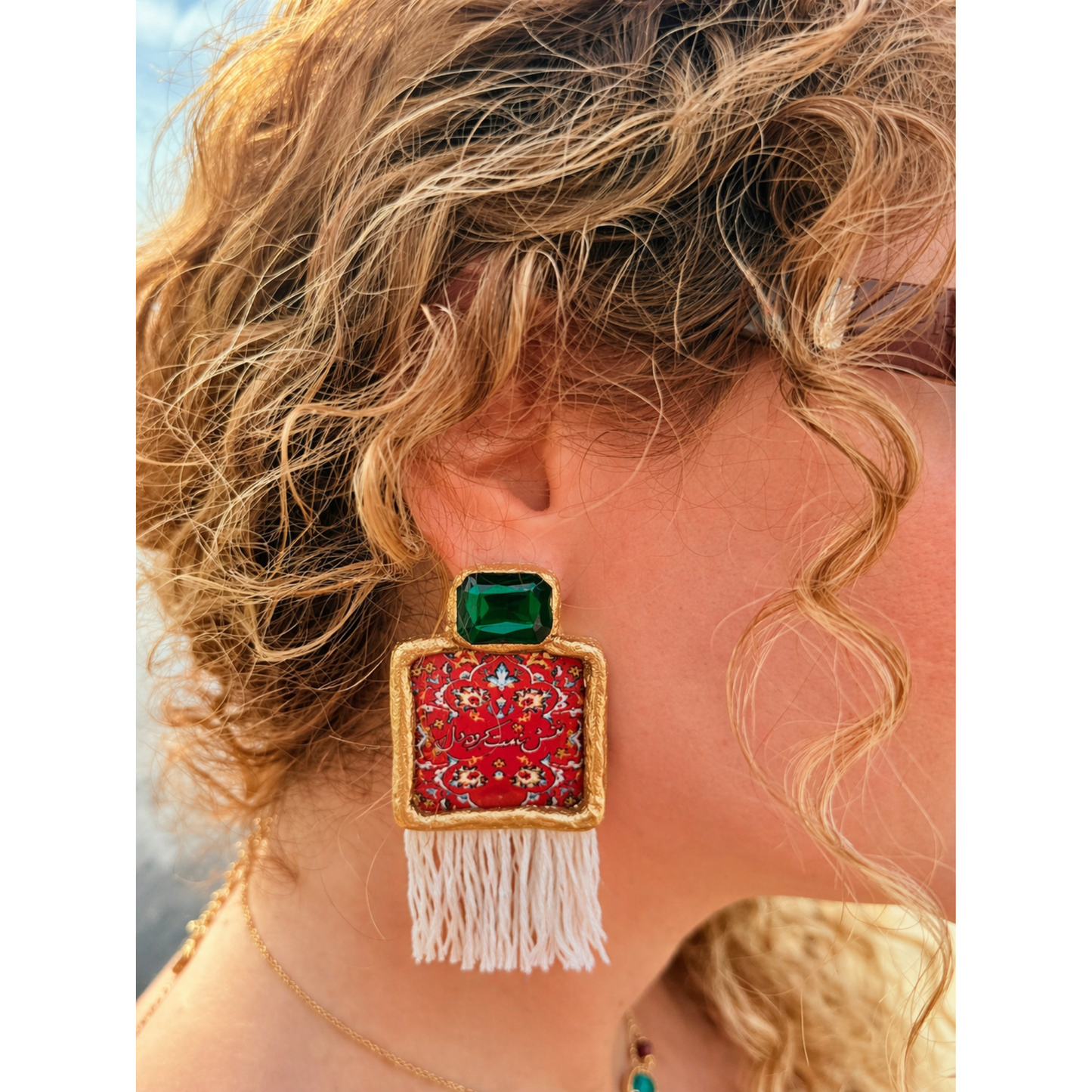 Handmade Persian Statement Earrings with Green Crystal & Tassel - Unique Boho Fashion Jewelry