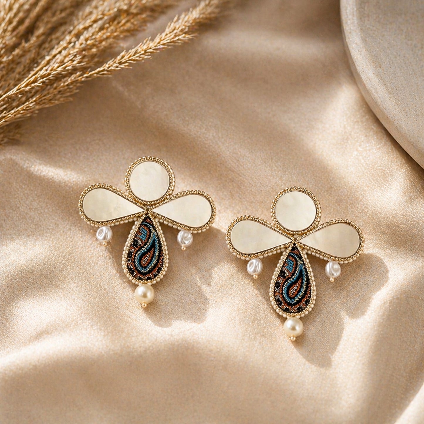 Termeh fabric mirror earrings with pearl drop lightweight handmade Persian design