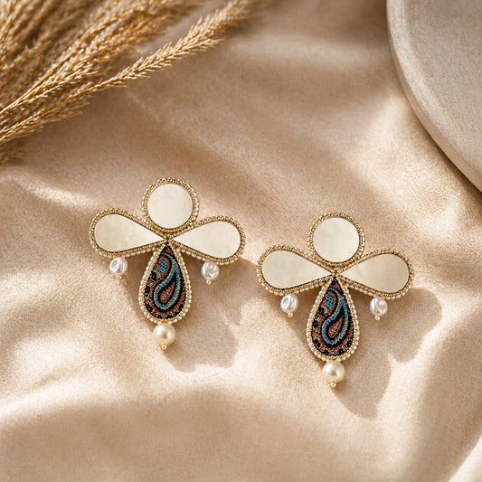 Termeh fabric mirror earrings with pearl drop lightweight handmade Persian design